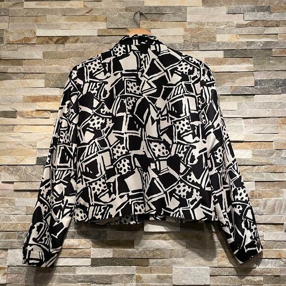 100% Silk Abstract Print Blazer Jacket M | Black White Art Statement Lined - Picture 2 of 8